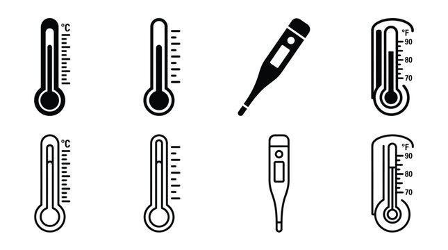 Thermometer Silhouettes Black Line Icons On White Background