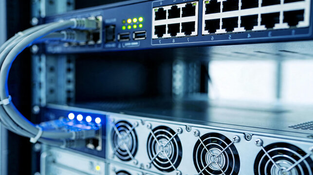 Close-up of glowing server rack details, shallow depth of field, blue corporate tones, high-tech but clean aesthetic.