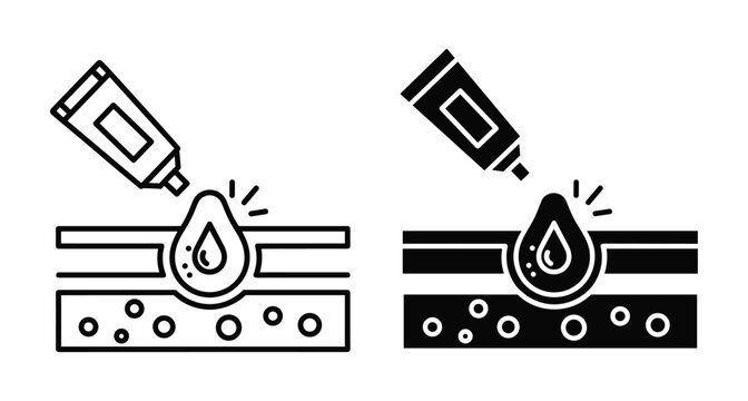 Skin care treatment icon set showing ointment tube applying cream to epidermis layers for dermatology medical health and beauty care
