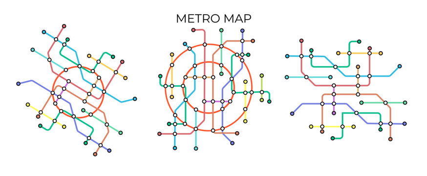 Metro stations and plan of subway with. Fictional metro map of underground. Layout of public passenger transport. Vector