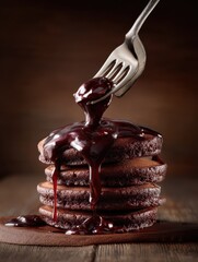 Obraz premium Close-up shot of chocolate lava pancakes with syrup dripping down, captured from a cinematic side angle with a fork lifting a piece.
