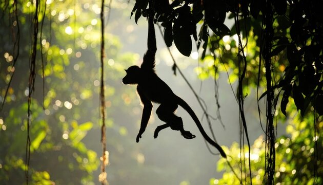 Silhouette of a Spider Monkey Hanging from a Tree Branch in a Lush Rainforest.