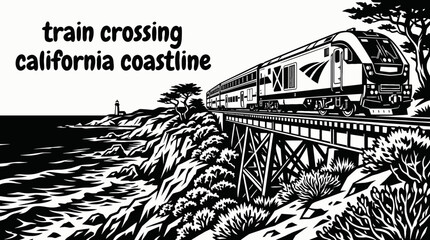 modern train traveling along california coastline railway black and white with ocean landscape vector illustration © Ethan