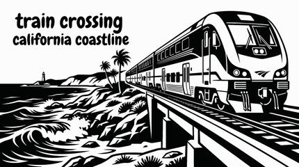 modern train traveling along california coastline railway black and white with ocean landscape vector illustration © Ethan