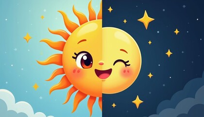 Fototapeta premium Cute cartoon sun and moon characters represent day and night. Smiling sun shines brightly next to winking moon with stars. Perfect for children designs.