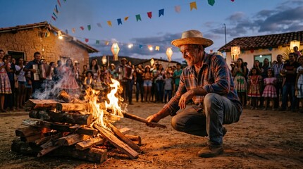 Fototapeta premium A man lighting a bonfire for Saint John's Day in northeastern Brazil.