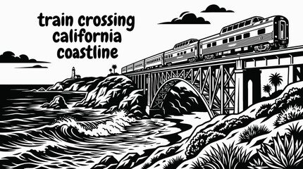 modern train traveling along california coastline railway black and white with ocean landscape vector illustration © Ethan