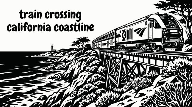 modern train traveling along california coastline railway black and white with ocean landscape vector illustration