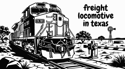 freight locomotive moving across texas countryside railway black and white vector with rural american landscape © Ethan