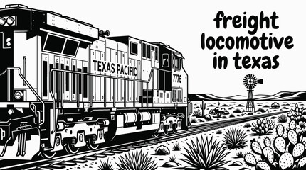 freight locomotive moving across texas countryside railway black and white vector with rural american landscape © Ethan