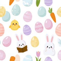 Fototapeta premium Design shows repeating Easter elements like eggs, chicks, bunnies, carrots, and tulips in soft pastel colors on white background.
