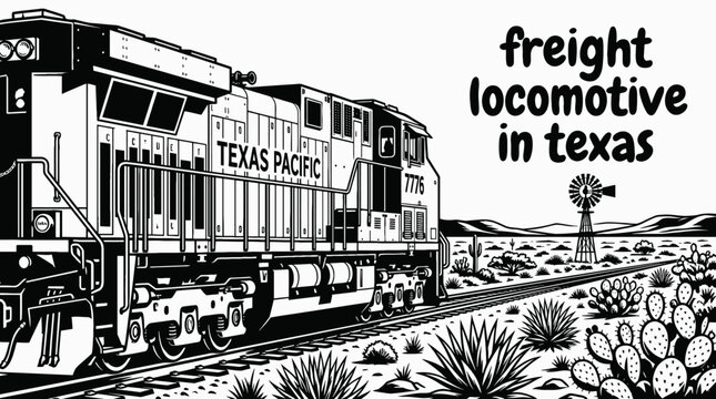 freight locomotive moving across texas countryside railway black and white vector with rural american landscape