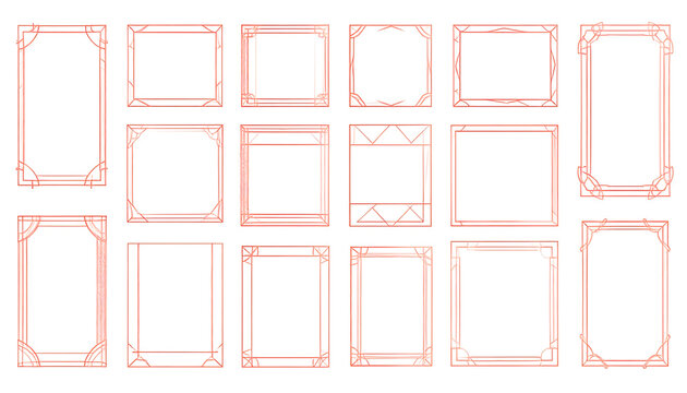 Collection of decorative vintage border elements with ornate corners, geometric lines, and subtle grunge textures in a warm red hue, perfect for invitations or scrapbooking