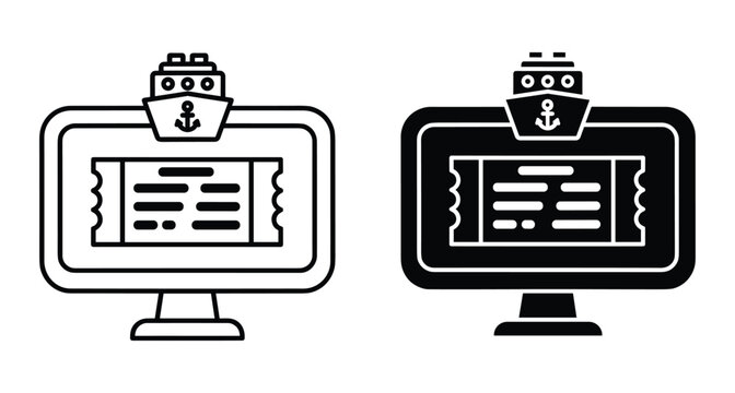Online cruise ticket booking icon set featuring a computer monitor displaying a maritime travel pass with a ship and anchor symbol