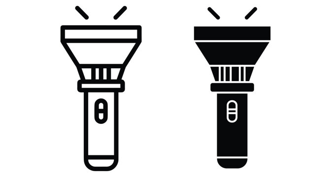 Flashlight icon set with outline and solid black styles for camping hiking emergency light equipment and portable electric torch design