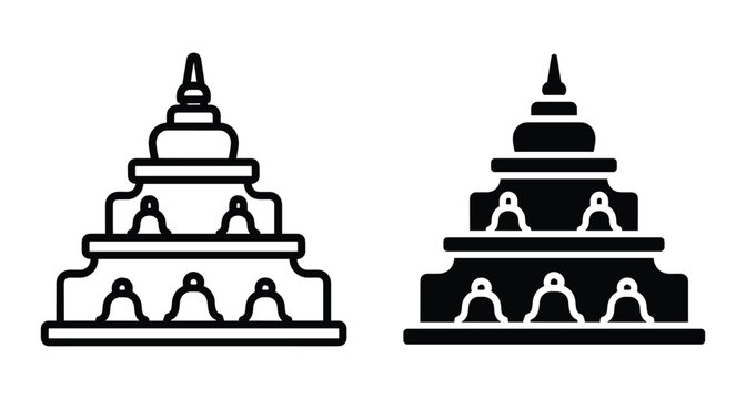 Borobudur temple icon set representing Indonesian Buddhist architecture with stupas and tiered structure for travel tourism and religious heritage design