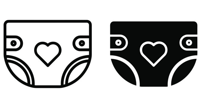 Baby diaper icon set with heart symbol featuring outline and solid glyph styles for infant care hygiene and nursery products