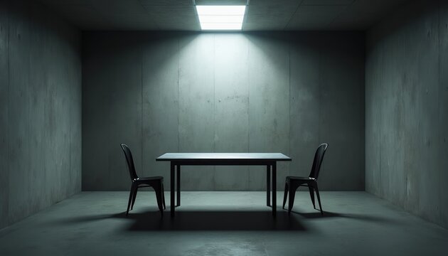 Minimalist interrogation room with concrete walls table, two chairs. Stark overhead light illuminates empty space. Dark moody atmosphere suggests tension suspense quiet contemplation for story