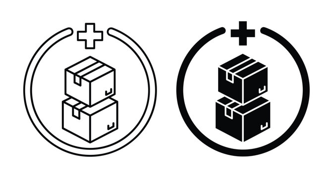 Add package icon set with stacked cardboard boxes plus sign and circular frame for logistics delivery shipping and inventory management