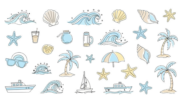 Tropical Paradise Elements: A whimsical collection of hand-drawn illustrations depicting quintessential elements of a tropical vacation, including ocean waves, seashells, starfish, palm trees.