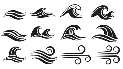Fototapeta premium Set of Wave and Wind Icons: A collection of stylized black and white graphic elements representing various wave and wind patterns, suitable for design projects.