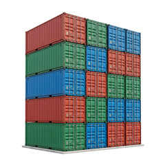 Fototapeta premium A stack of colorful shipping containers in a warehouse, ready for transport. The containers are red, green, and blue, arranged neatly in rows