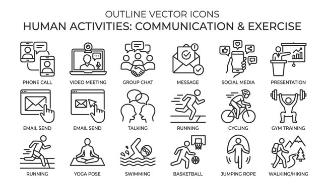 Outline vector icons human activities communication and exercise set.