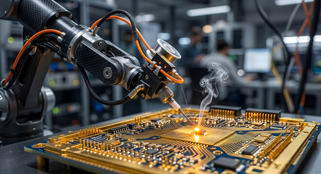Advanced robotic arm precisely soldering components on intricate golden circuit board with bright illumination in high tech laboratory setting.