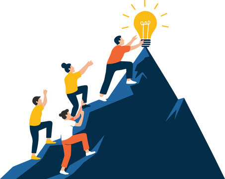 Business teamwork vector illustration with people climbing mountain together to reach bright light bulb idea goal