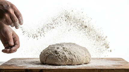 Obraz premium Close-up of flour being tossed in the air over dough on white background, freeze motion, dramatic studio lighting