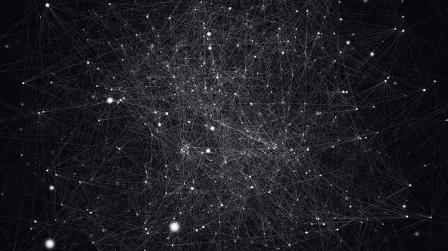 Abstract Network of Glowing Particles and Lines on Dark Background.