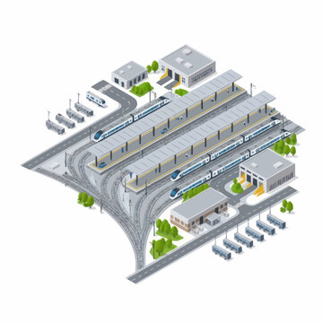 Modern high-speed train station with multiple platforms and trains.