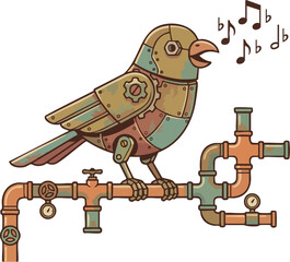 Fototapeta premium Steampunk Mechanical Bird Singing on Industrial Pipes Vector