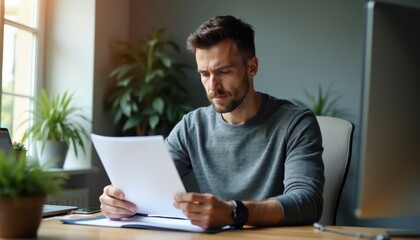 Fototapeta premium Man reads contract or document at home office desk. Focused male reviews paperwork at table near plants and computer. Natural light brightens workspace, thoughtful man studies information.