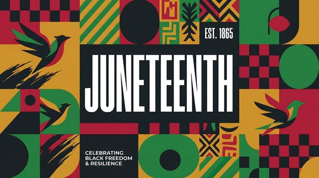 Juneteenth celebration background with abstract geometric patterns and birds