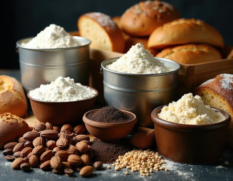 Assorted baking ingredients like flour bread and grains sit in metal tins and bowls. Nuts and seeds complement the rich food preparation elements. Rustic setup.