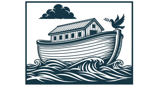 Noah's Ark on flood waters, biblical scene, dramatic stormy sea, monochrome illustration