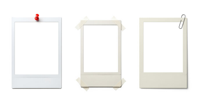 Memory wall layout asset for album makers combines pinned, taped and clipped instant print borders, helping create wedding collage, family keepsake page, travel diary spread and event invitation