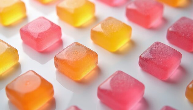 Rows of colorful diamond shaped candies on white background. Yellow, pink, orange translucent gummy squares arranged neatly for studio food shot.