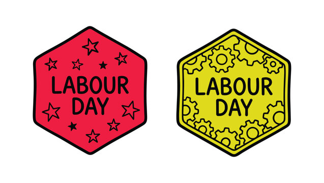 Labour Day Hexagon Badge Set in Red and Yellow with Star and Gear Accent Patterns on White Background