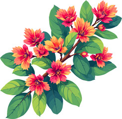 Obraz premium Coral flower bouquet with green leaves, vibrant botanical illustration of blooming flowers for floral decoration and garden design