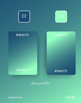 Emerald tone gradient color palette, blue green ombre, hex code color scheme, design elements