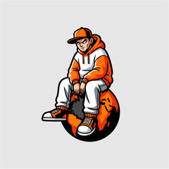 Fototapeta premium Hip Hop Street Boy Sitting on Ball Mascot Vector Illustration Character Design