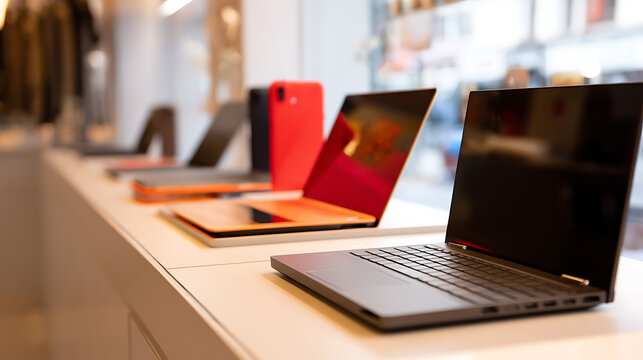 Row of Modern Laptops and Electronic Devices Displayed in a Retail Store Setting, Showcasing Technology and Digital Lifestyle Products