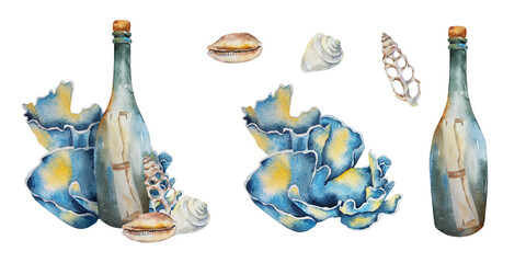 Marine set with message bottle, shells and coral, watercolor illustration in realistic style. for coastal decor, nautical branding, travel design, marine packaging and pirate themed products. © Mea_ta 