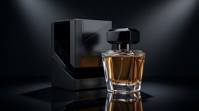 Perfume bottle with a sleek black box stands on a reflective surface against a dark background.