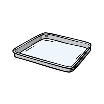 Illustration of an empty metal baking sheet on a plain background