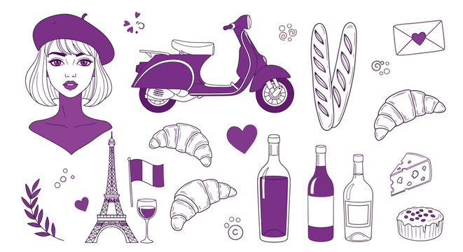 French culture icons, parisian symbols and food, travel concept background