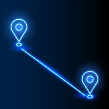 Map pointer, blue neon sign, vector illustration.