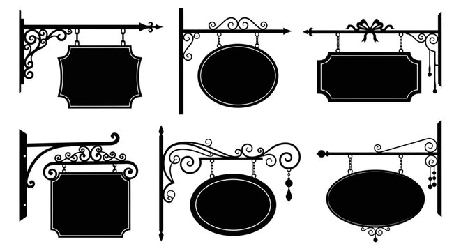 black metal signs with ornate designs, signage elements, decorative frames